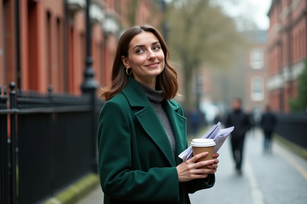 Jeune femme engagée marchant dans une rue de Londres avec des documents, alliant style et détermination