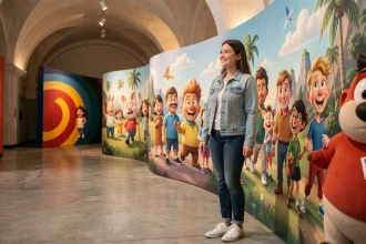 Femme admirant une fresque murale colorée lors de l'exposition Pixar dans un espace d'exposition intérieur