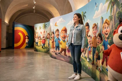 Femme admirant une fresque murale colorée lors de l'exposition Pixar dans un espace d'exposition intérieur