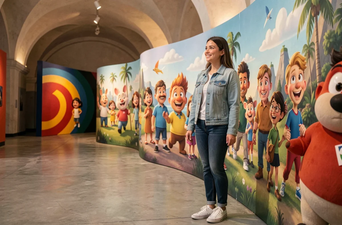 Femme admirant une fresque murale colorée lors de l'exposition Pixar dans un espace d'exposition intérieur