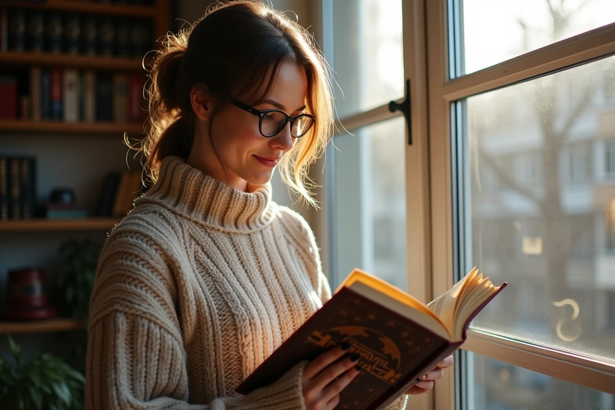 Femme en sweater regardant un livre Warhammer près d