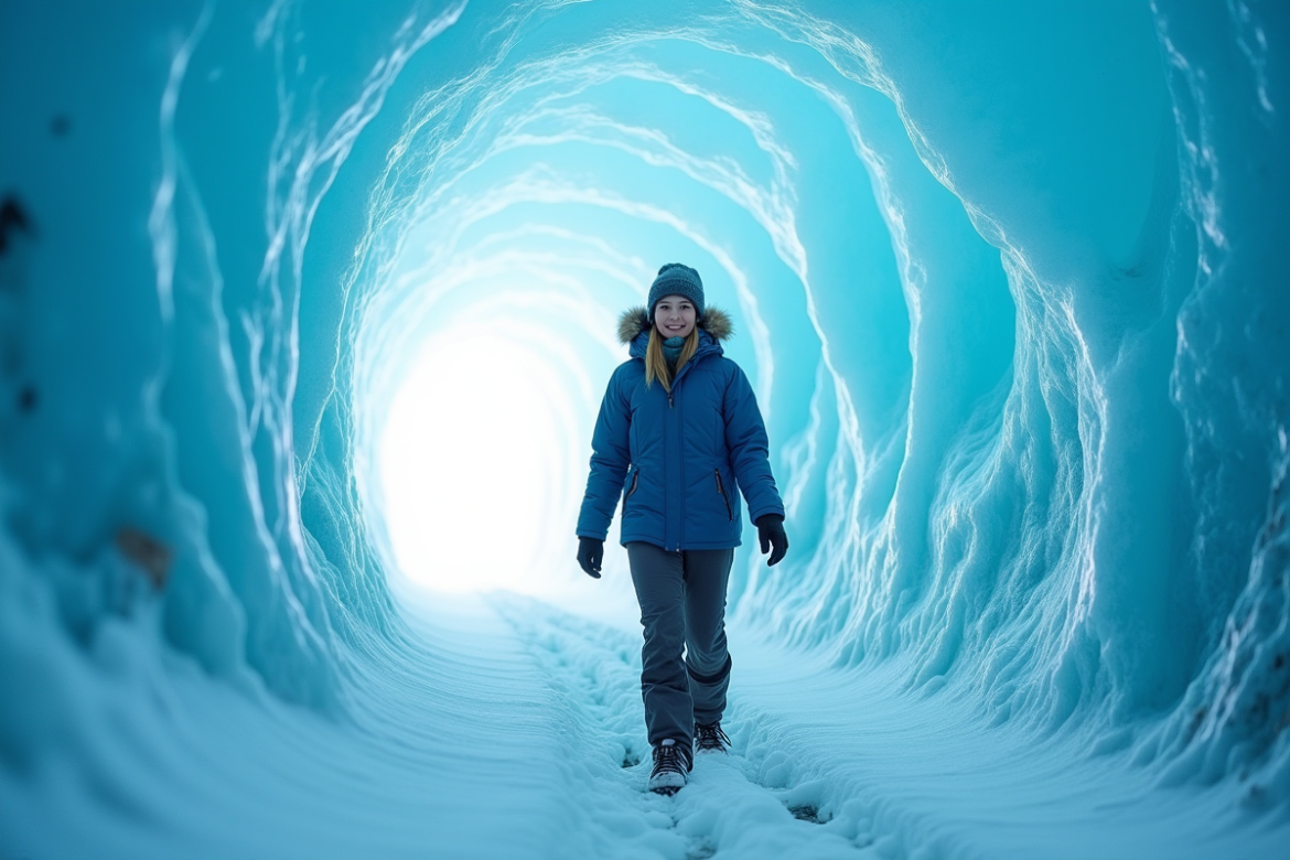 Jeune femme dans une grotte de glace en hiver
