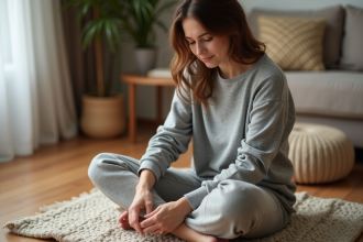 Femme appliquant un compress herbal sur le genou dans un salon chaleureux