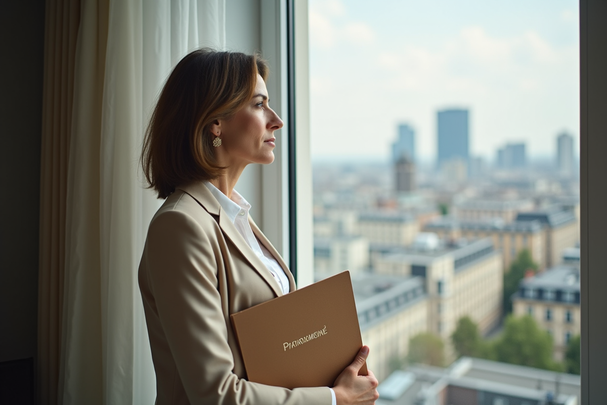 Femme professionnelle regardant par la fenêtre d un appartement