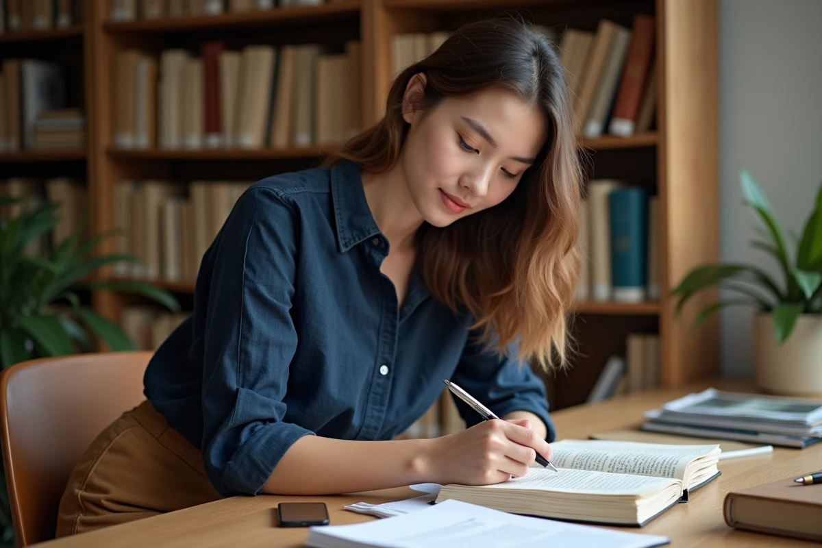 Jeune femme intellectuelle et engagée prenant des notes dans une bibliothèque, portrait intimiste et studieux