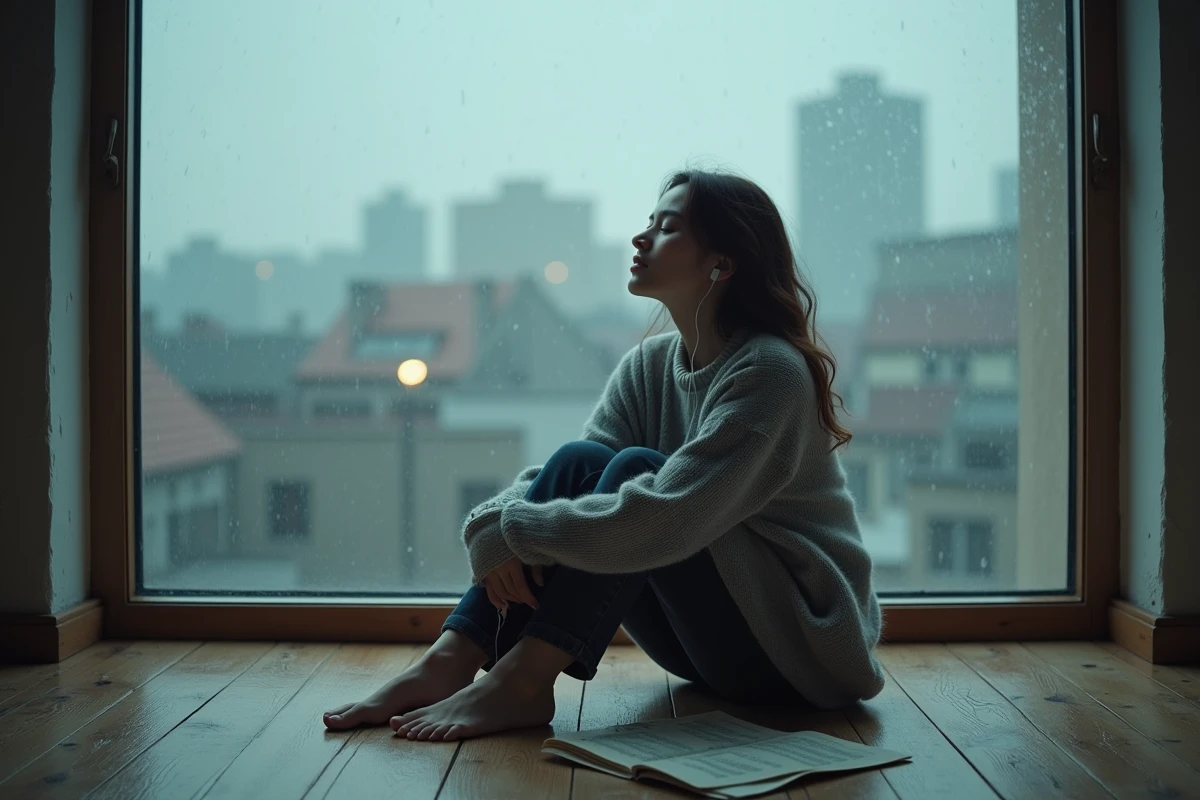Jeune femme introspective écoutant de la musique près d'une fenêtre sous la pluie, symbolisant l'analyse émotionnelle d'une chanson