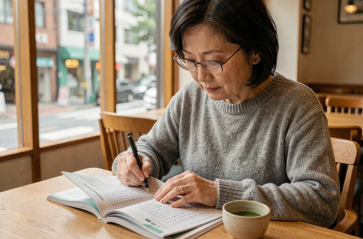 Femme japonaise résolvant une grille de mots croisés sur les villes du Japon dans un café de Tokyo