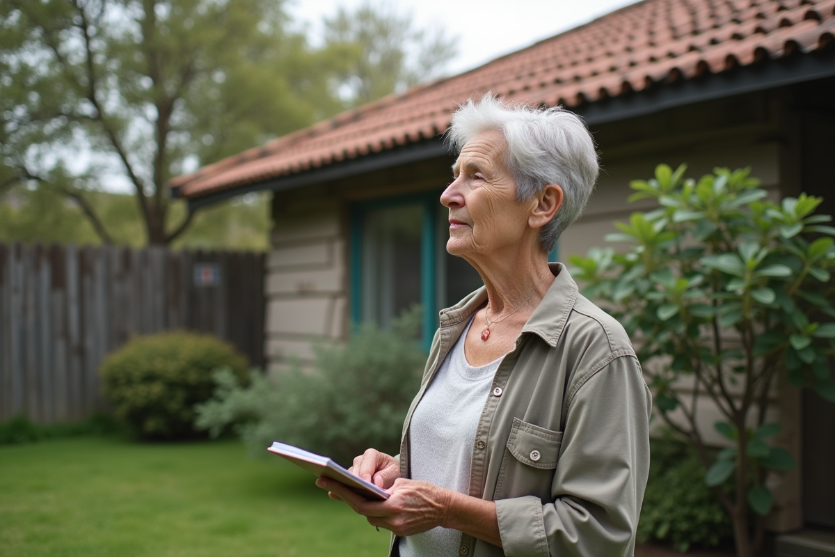 Femme âgée dans son jardin regardant le toit en tuiles