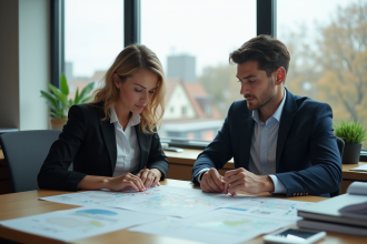 Femme d'âge moyen et jeune homme en réunion de travail