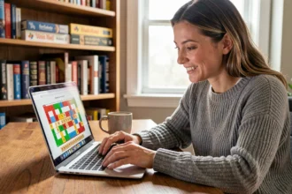 Femme jouant à Scrabble en ligne sur un ordinateur portable dans un bureau à domicile chaleureux