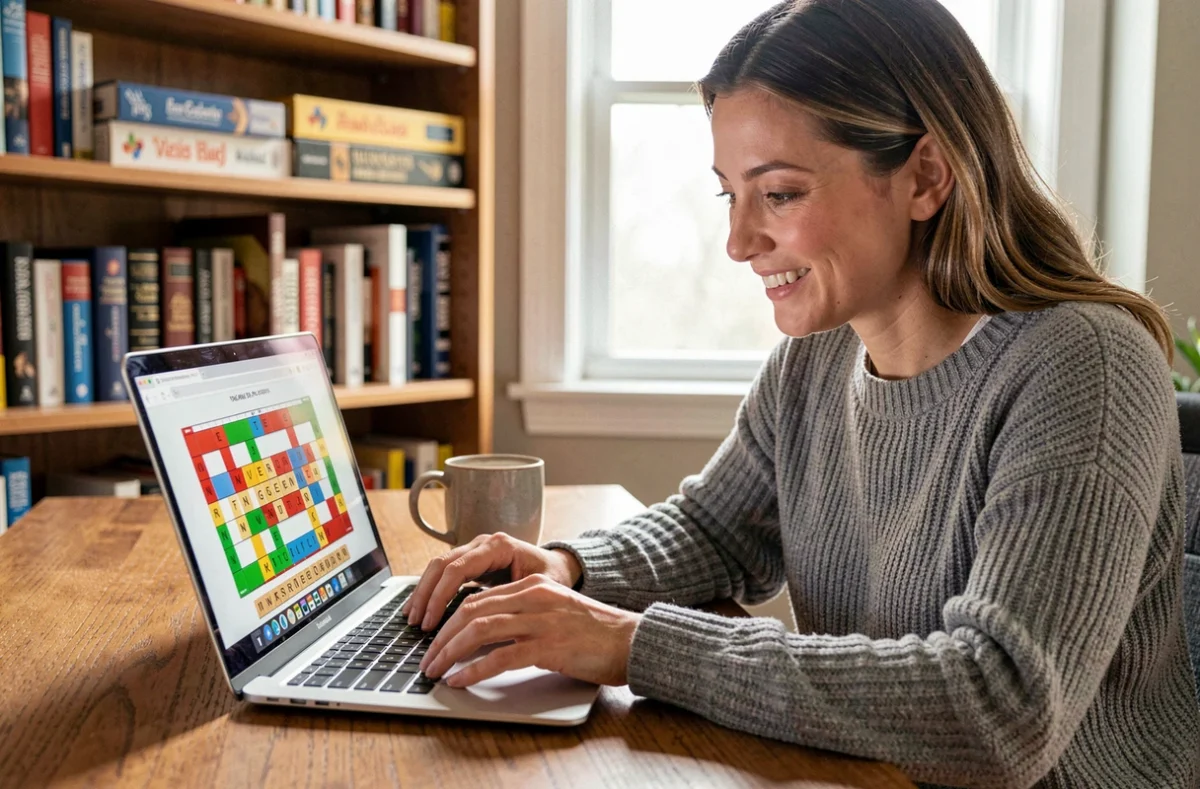 Femme jouant à Scrabble en ligne sur un ordinateur portable dans un bureau à domicile chaleureux