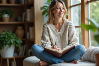 Femme souriante lisant dans un intérieur cosy