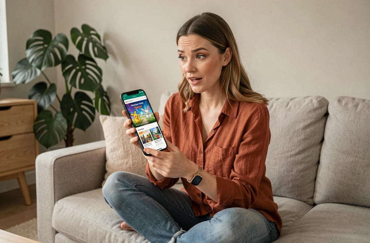 Femme lisant des leaks sur les prochaines sorties Pokémon 2026 sur son smartphone dans un salon minimaliste