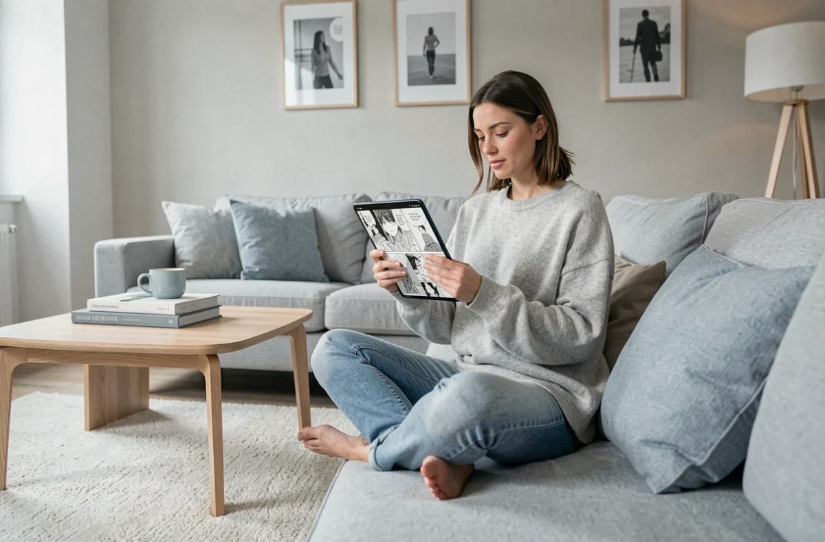 Femme lisant un manga numérique sur tablette dans un salon moderne au style scandinave