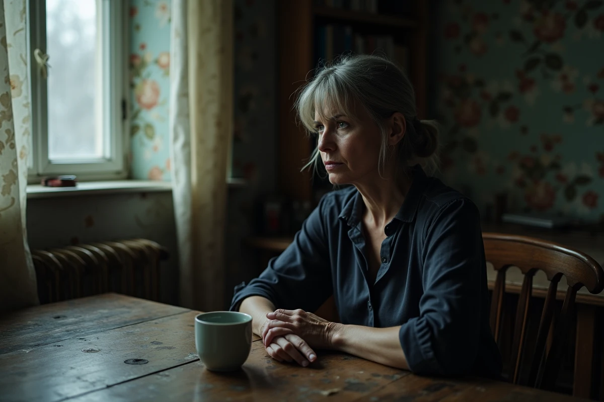 Femme seule et pensive attablée dans une vieille maison atmosphérique, illustrant l'ambiance tendue de la série A House of Dynamite sur Netflix