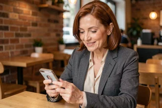 Femme mature utilisant une application de rencontre sur smartphone dans un café moderne