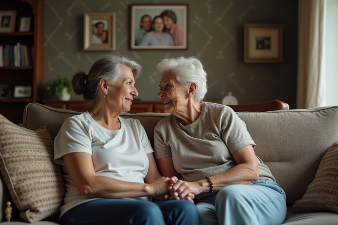 Femme et sa mère assises sur un canapé en famille