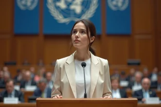Jeune femme militante prenant la parole à une tribune internationale lors d'une conférence diplomatique