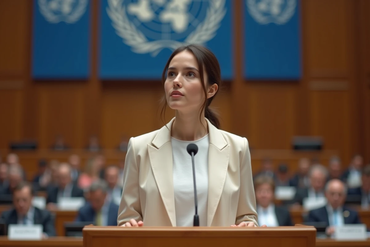 Jeune femme militante prenant la parole à une tribune internationale lors d'une conférence diplomatique