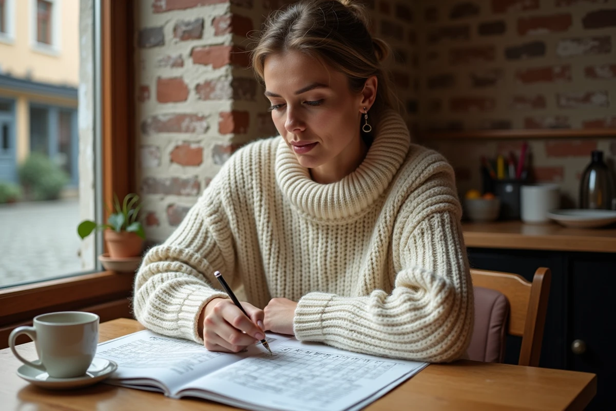 Femme belge concentrée sur une grille de mots croisés avec des villes de Belgique en 3 lettres