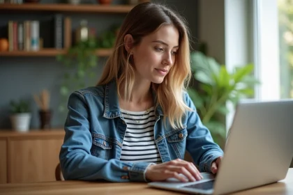 Femme en denim consulte un site de billets chez elle