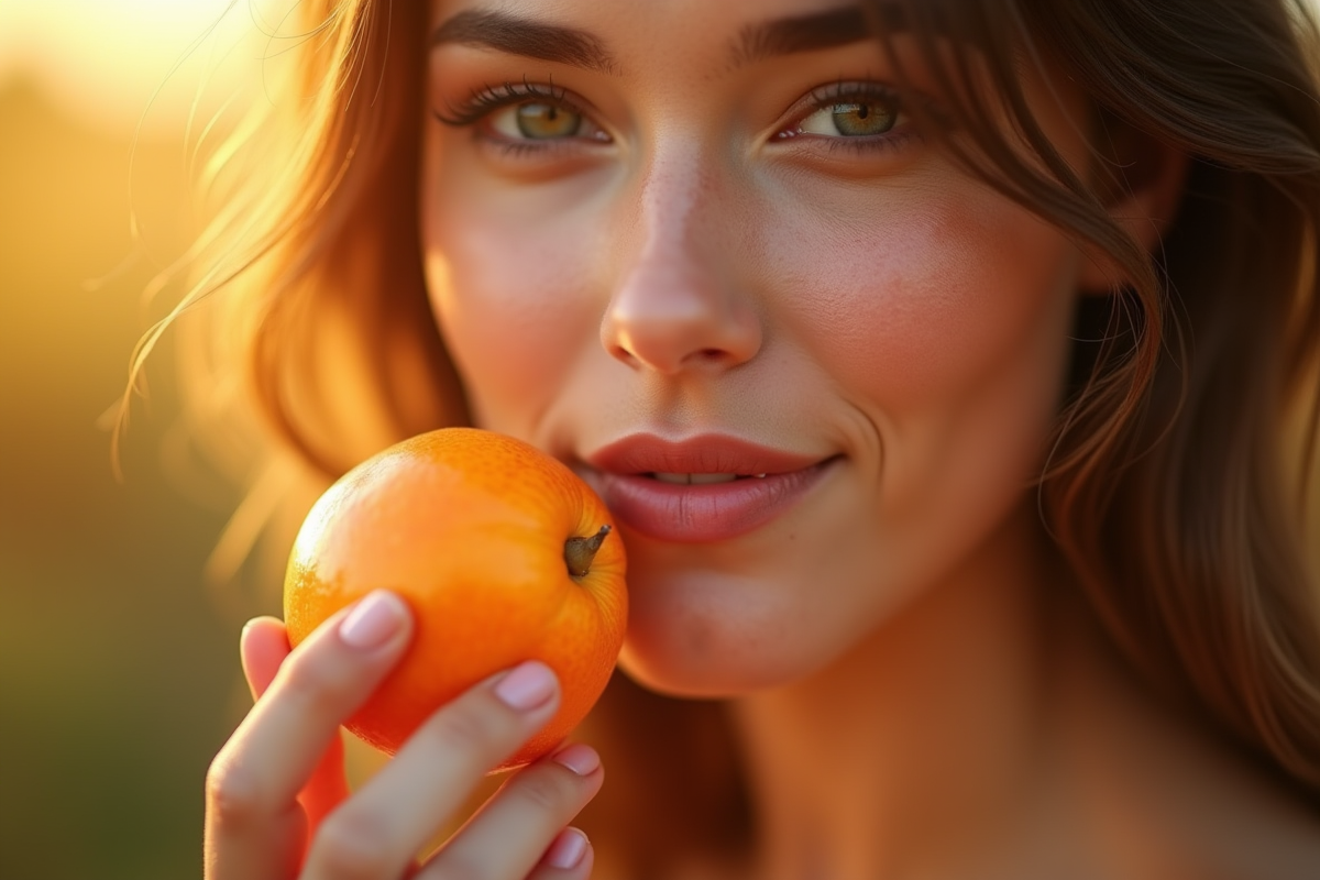 Femme avec peau lumineuse tenant une nectarine au soleil