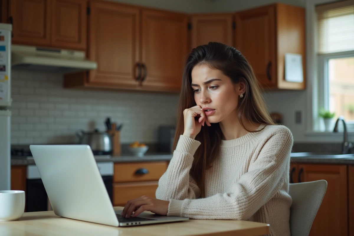 Jeune femme confus au ordinateur dans la cuisine