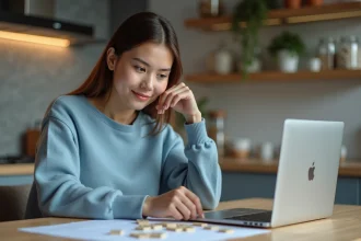 Jeune femme en cuisine avec lettres et ordinateur