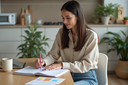 Jeune femme organisée avec planner dans cuisine moderne