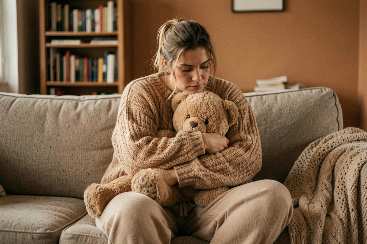 Femme seule tenant un ourson en peluche dans ses bras avec une expression pensive sur un canapé