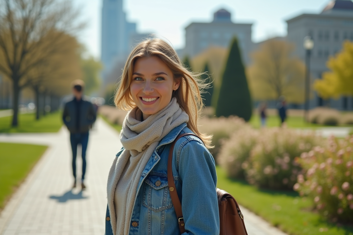 Femme souriante dans un parc urbain en marchant