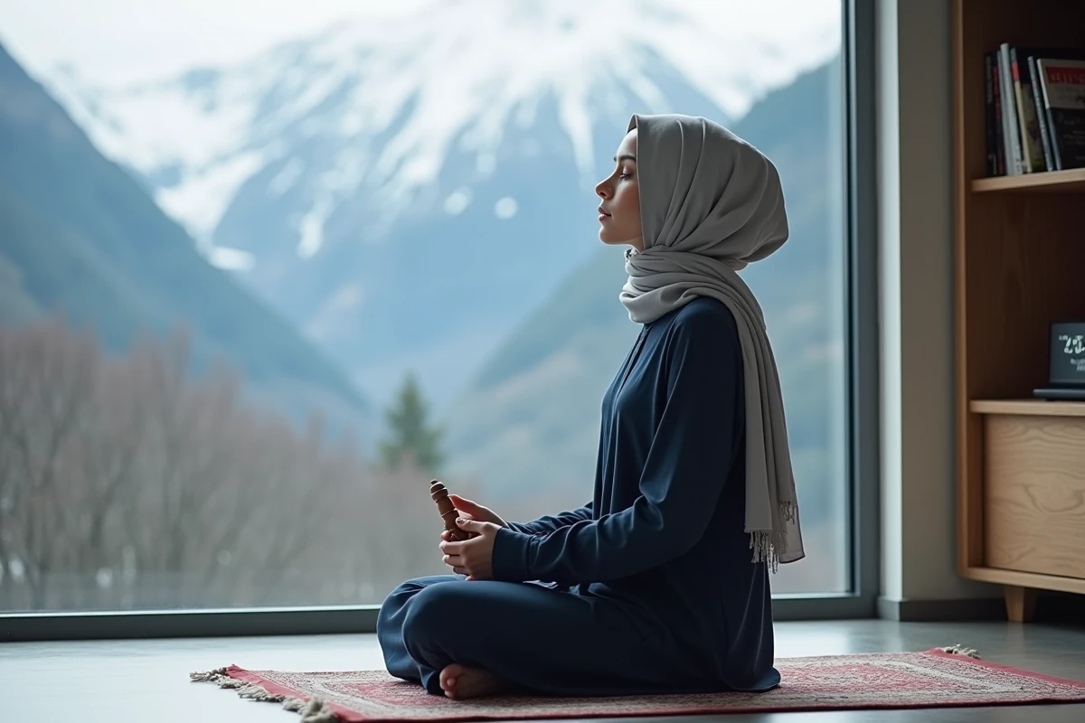 Jeune femme musulmane en méditation sur tapis de prière avec vue sur les montagnes de Grenoble