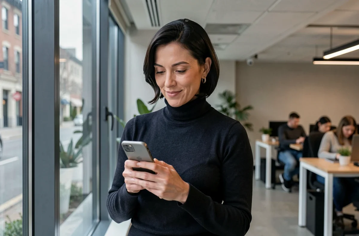 Femme professionnelle consultant une application de rencontre mobile dans un espace de coworking