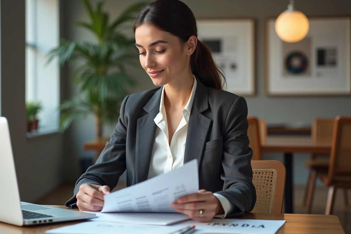 Femme professionnelle en agence créative examinant un portfolio de marque personnelle, illustrant l'investissement stratégique dans un nom de marque GMK