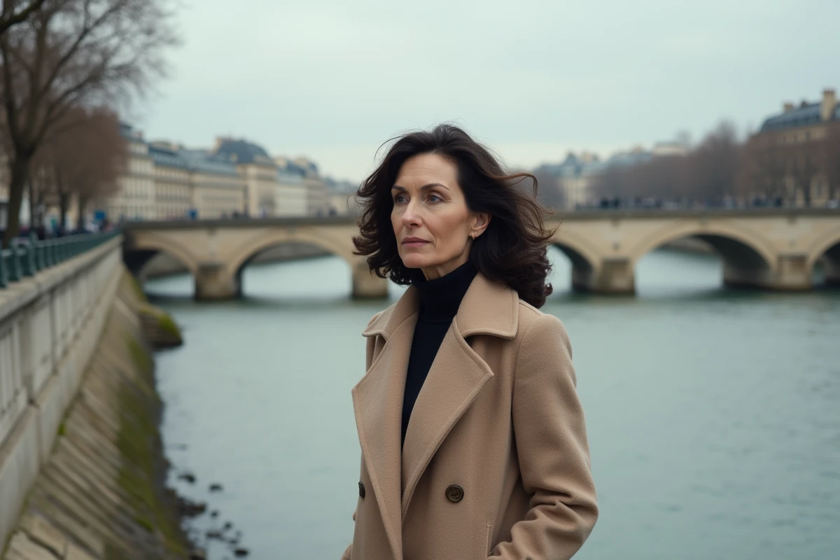 Femme se promenant seule le long des quais de la Seine à Paris en automne, portant un manteau beige et regardant le fleuve