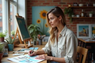 Femme en reconversion professionnelle travaillant dans un studio d'art avec carnets de croquis et palette de couleurs