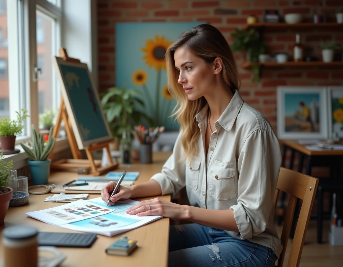 Femme en reconversion professionnelle travaillant dans un studio d'art avec carnets de croquis et palette de couleurs