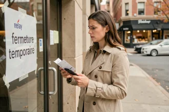 Femme frustrée devant un relais Colissimo fermé tenant un avis de passage et son smartphone