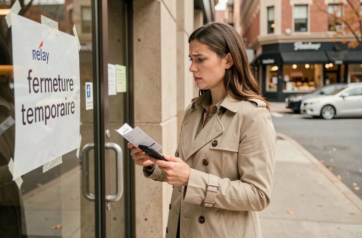 Femme frustrée devant un relais Colissimo fermé tenant un avis de passage et son smartphone