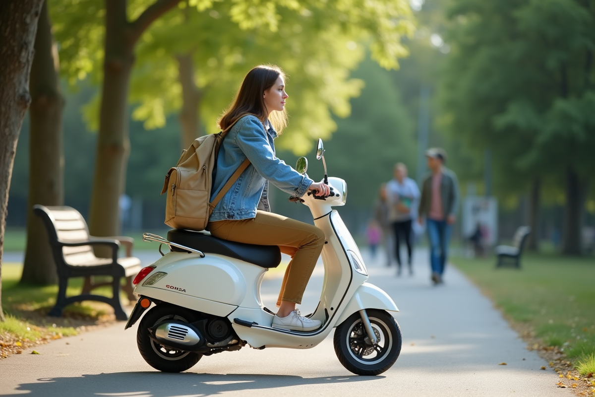 Jeune femme assise sur un scooter dans un parc suburbain