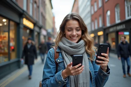 Jeune femme souriante utilisant une appli en ville