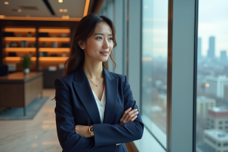 Femme confiante en costume navy dans un bureau moderne