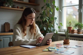 Jeune femme jouant à un jeu de société dans une cuisine moderne