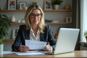 Femme concentrée préparant ses papiers fiscaux à domicile