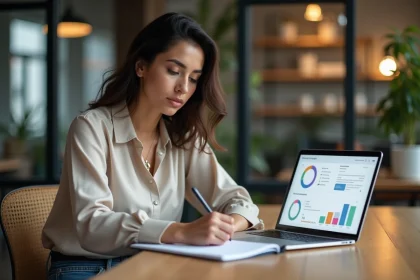Femme concentrée travaillant dans un espace coworking moderne