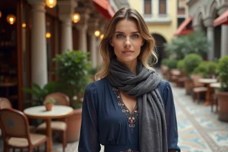 Femme turque élégante en robe brodée sur une terrasse de café à Istanbul, symbole de la culture et du style turc en Europe
