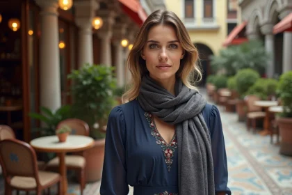 Femme turque élégante en robe brodée sur une terrasse de café à Istanbul, symbole de la culture et du style turc en Europe