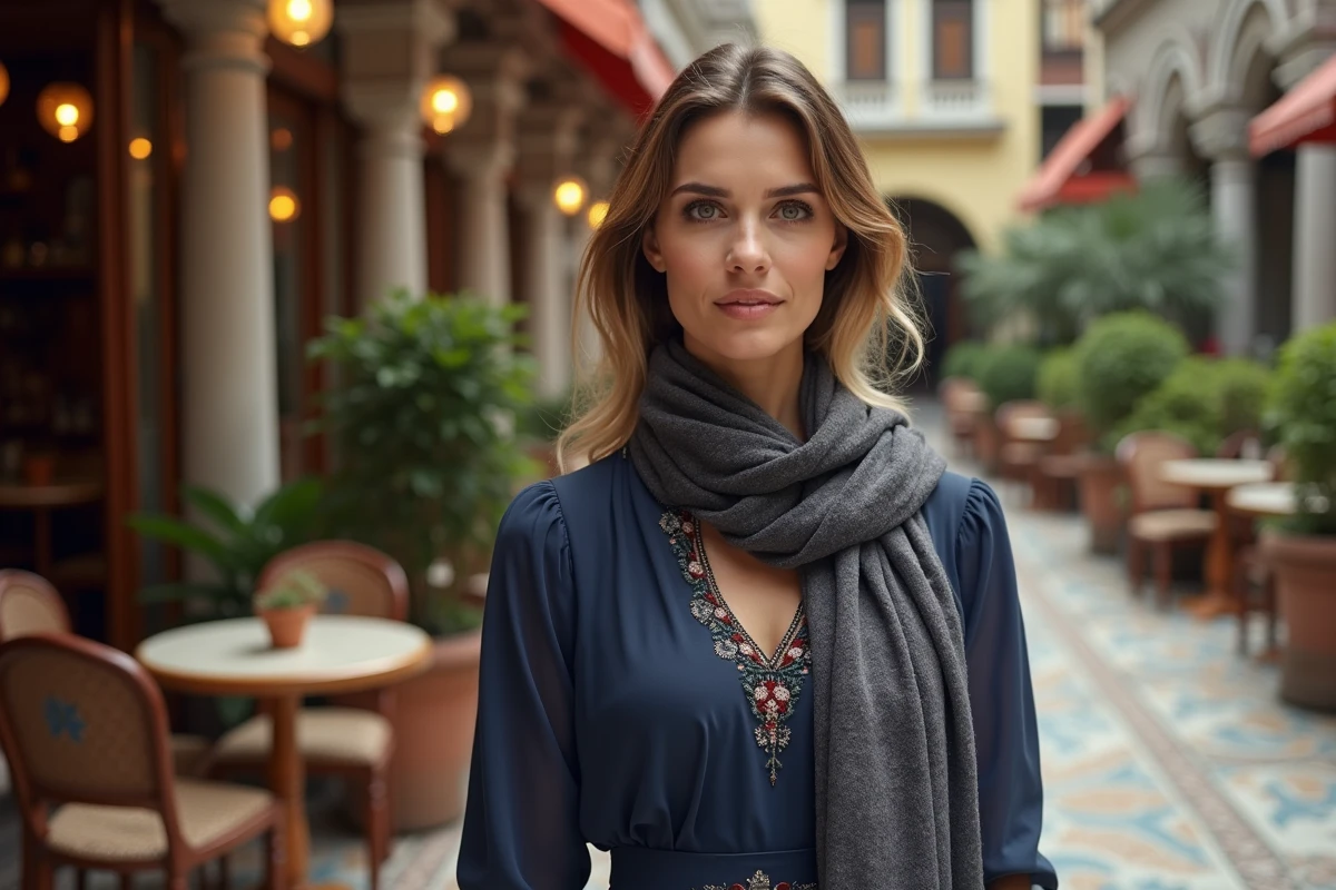 Femme turque élégante en robe brodée sur une terrasse de café à Istanbul, symbole de la culture et du style turc en Europe