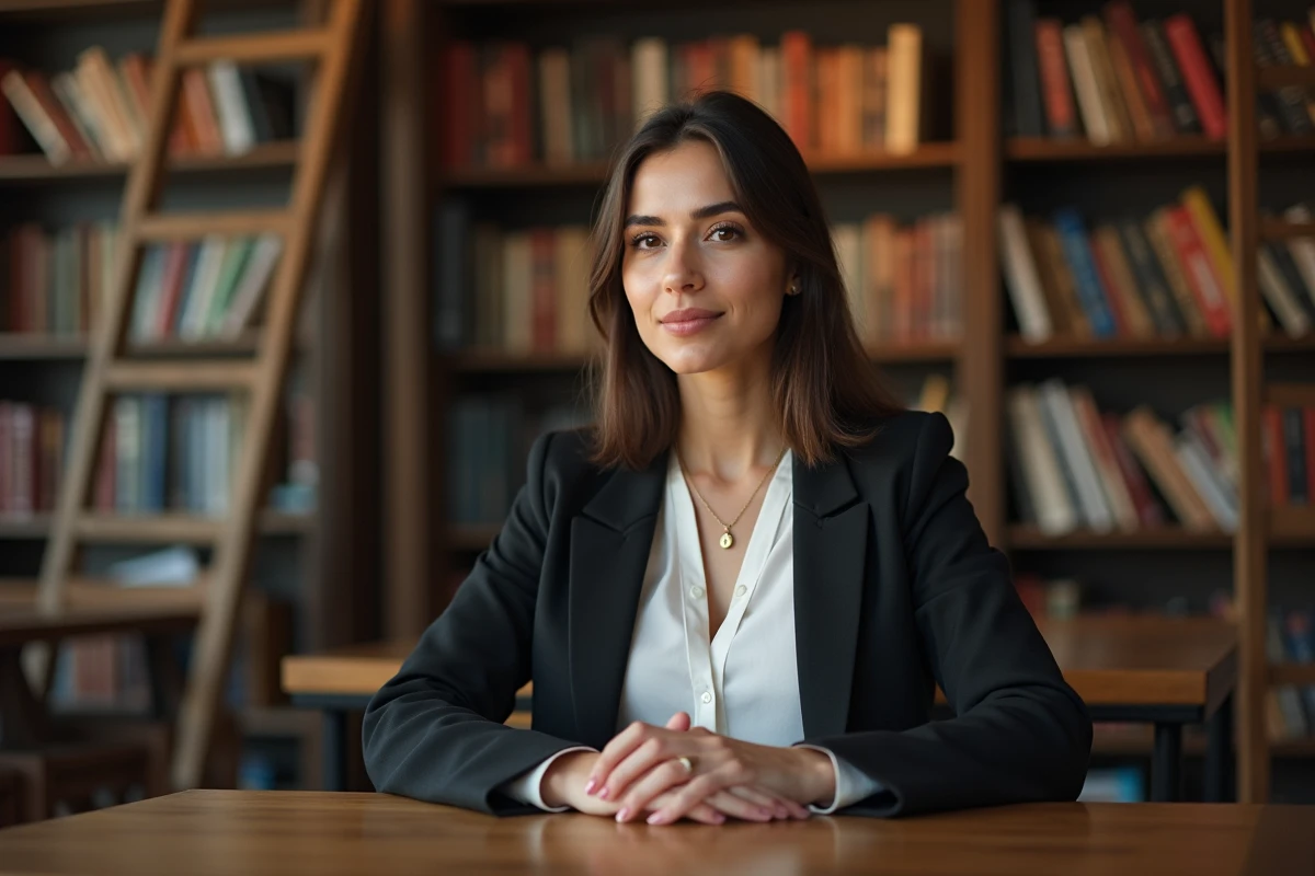 Jeune femme turque moderne dans une librairie européenne, incarnant l'élégance et la culture turque en Occident