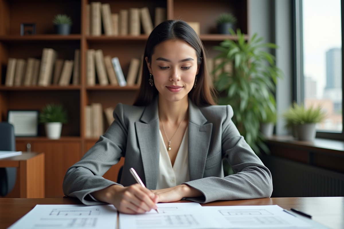 Jeune femme en bureau examinant documents d